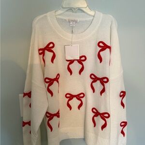 White Sweater with Red Bow Accents LARGE NWT